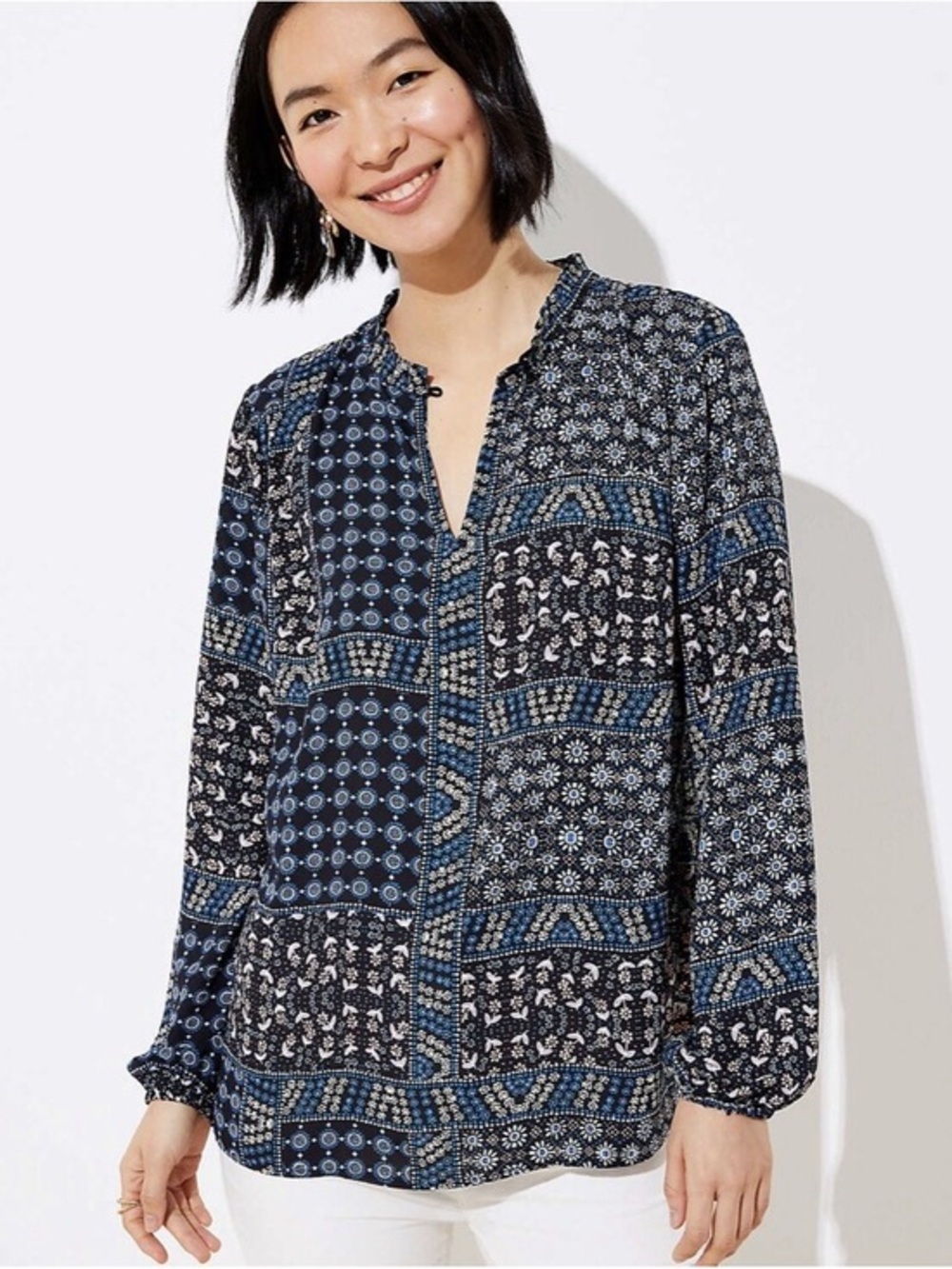 LOFT Patchwork Back Peplum Long Sleeve Blouse Blue Multi Sz Medium 523742